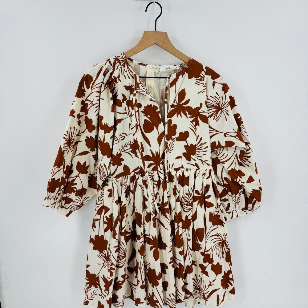 Boutique Talulah Rust Floral Cotton Puff Sleeve Dress Cream Brown‎ Size S Boho